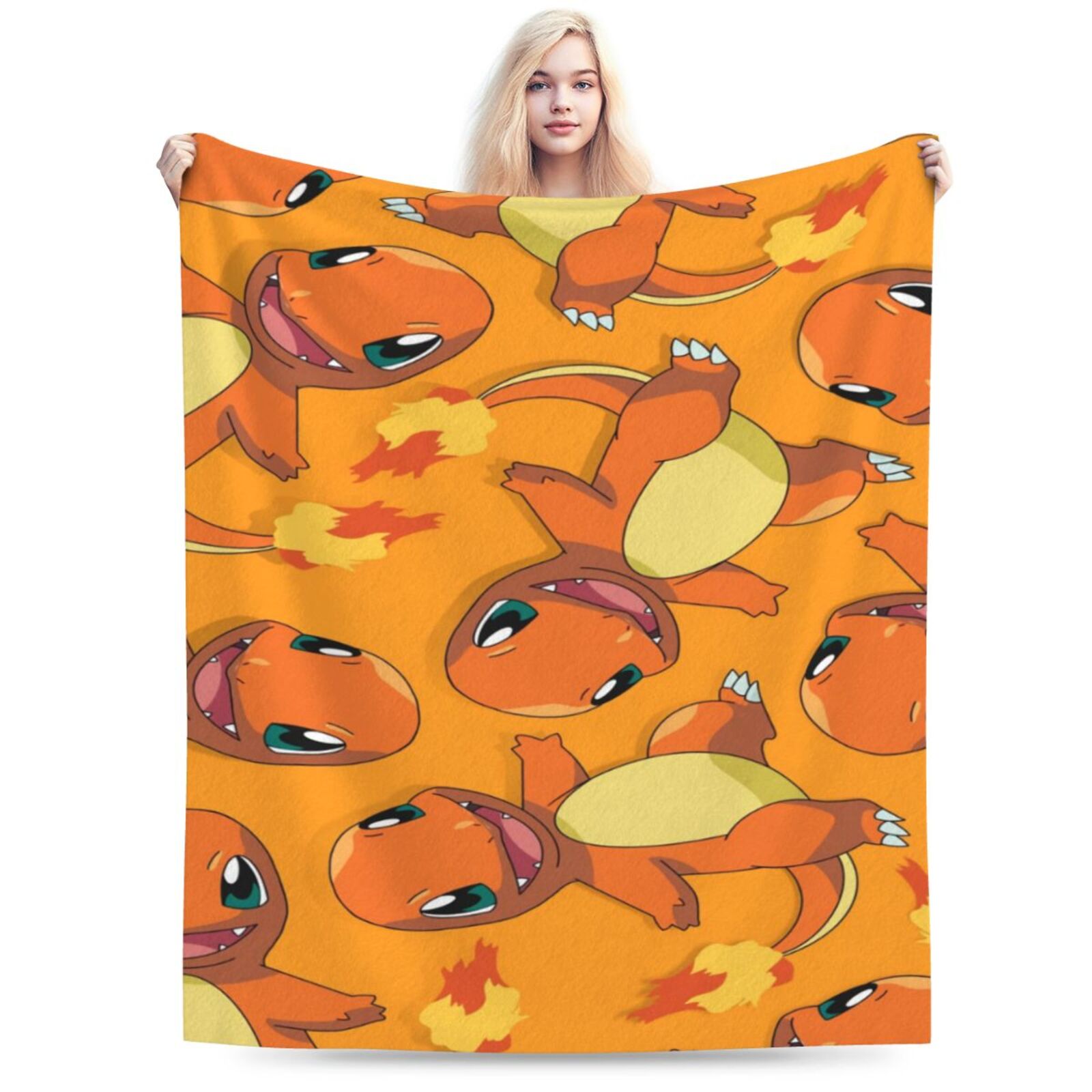 Charmander Cartoon Throw Blanket, Super Soft Cozy Flannel Fleece Picnic Blanket for Boys Girls Adults, Warm Plush Blankets for Couch Sofa Bed Living Room